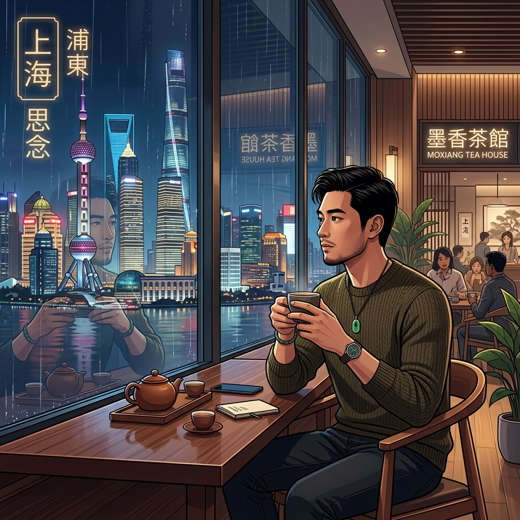 华裔二代青年坐在上海典雅茶馆中看着窗外五彩缤纷的浦东摩天大楼倒影