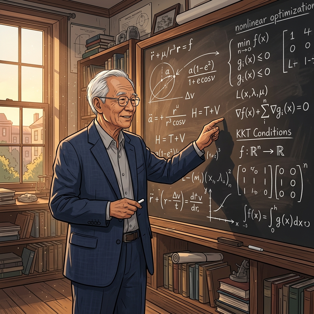 一位中国扫地僧学者在黑板前演算天体最优化动力轨道