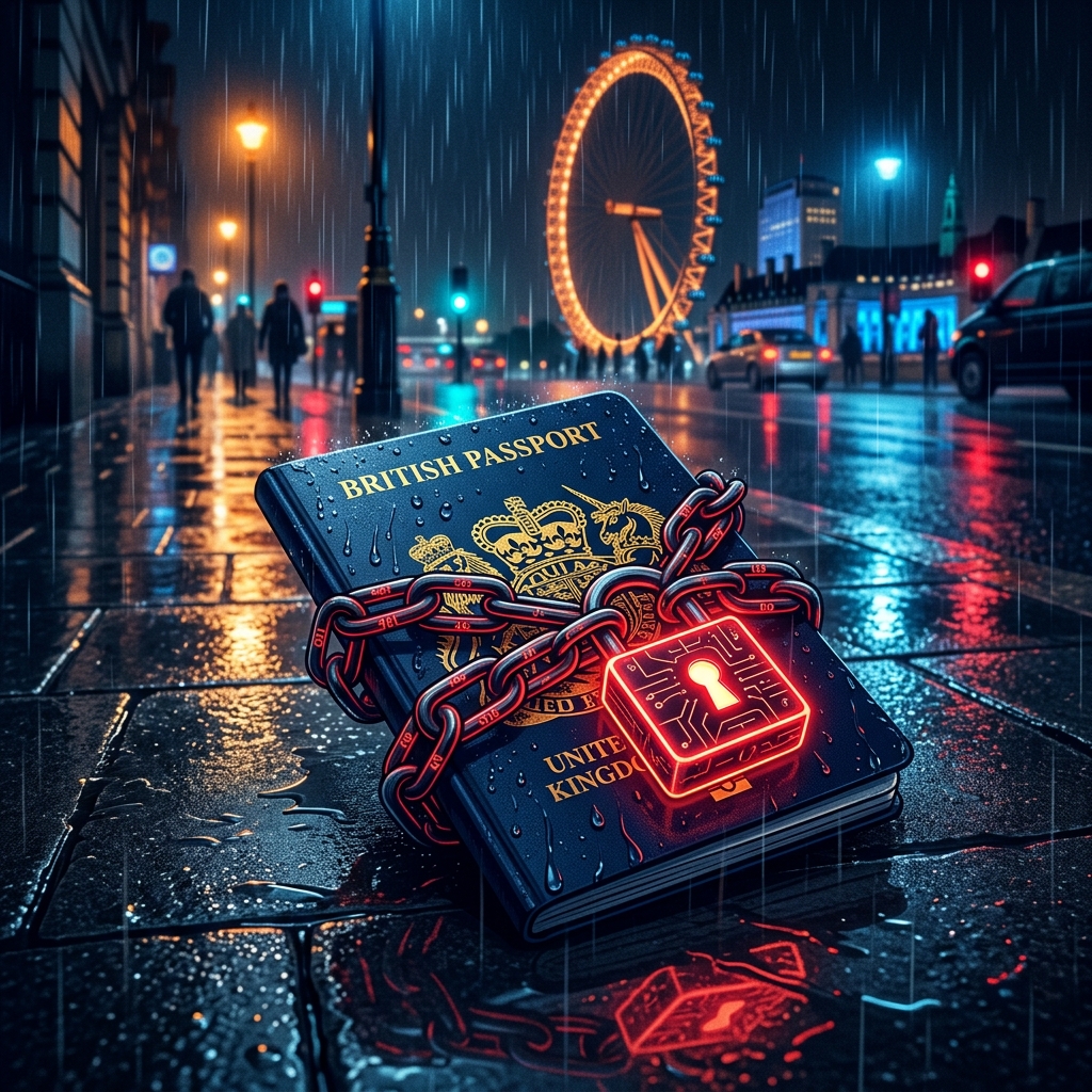 在雨中伦敦被锁链紧锁的英国护照