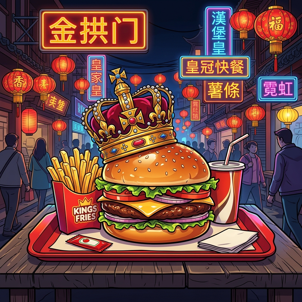巨大的汉堡戴着殖民主义皇冠在国潮金拱门霓虹灯背景下