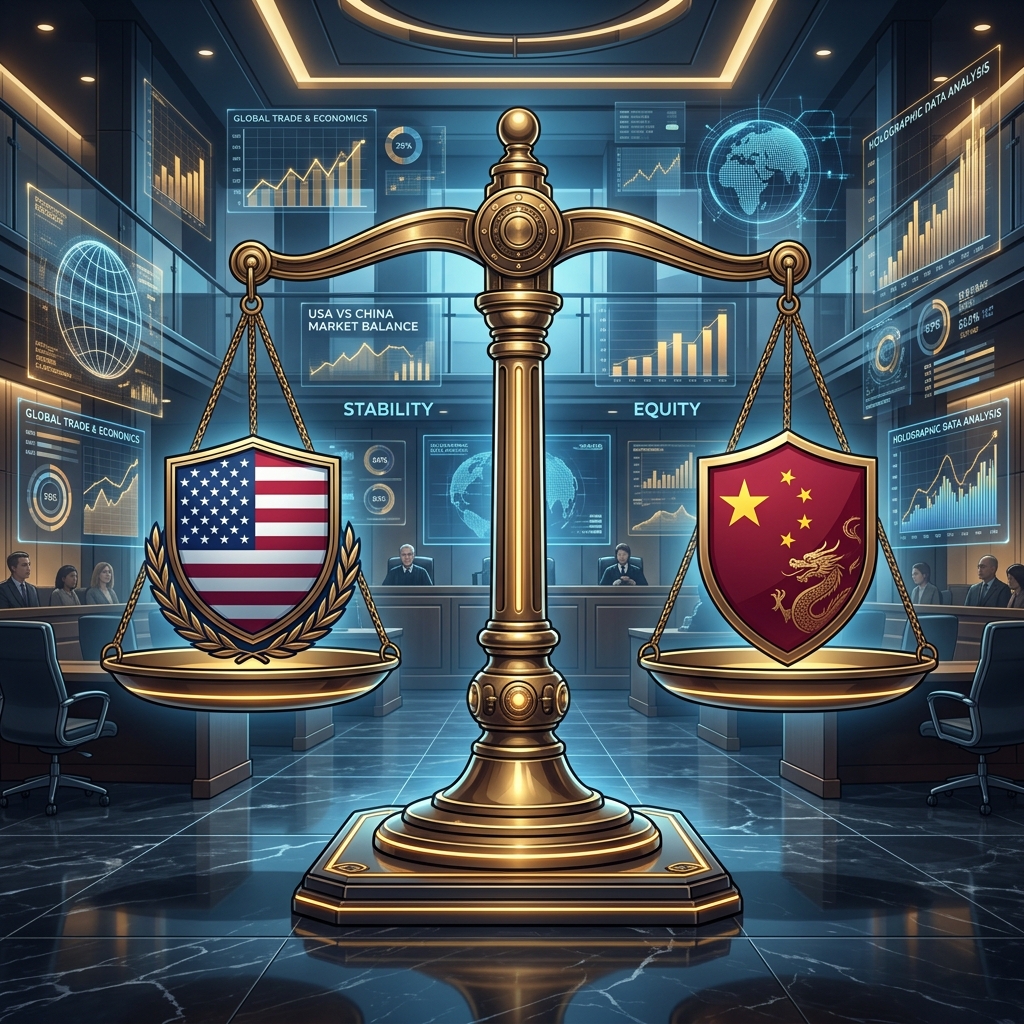 一架巨大的金色青铜复古天平倾斜放置在一张灰色的石质办公桌上背景是一面画着世界地图暗影墙壁