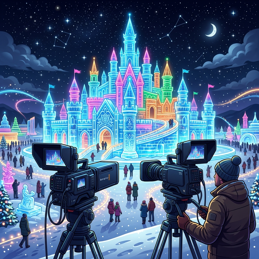 在斑斓霓虹冰雪城堡前电视台两架专业摄像机正在现场全球直播