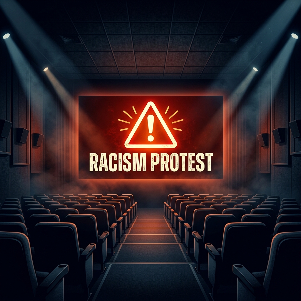 昏暗空旷的放映厅大屏幕上亮着大红三角形警告叹号和英文RACISMPROTEST大字