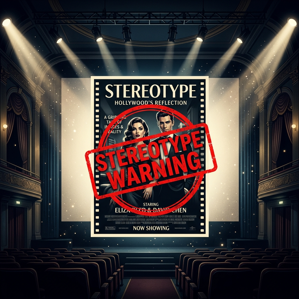 幽暗的高档电影院放映厅里投影仪将一张写有STEREOTYPEWARNING大红印章的电影海报投射在银幕上