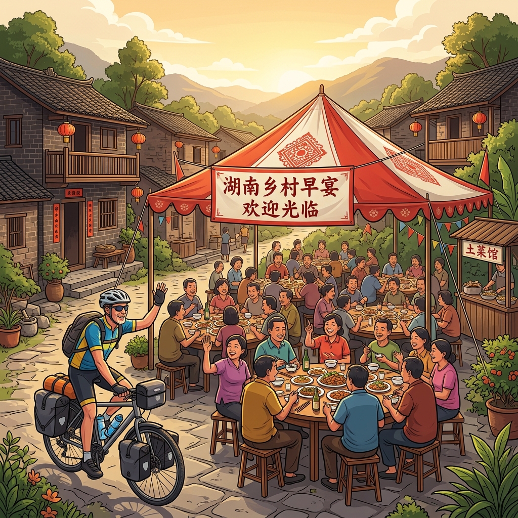 美国网红路德维格骑行误入湖南村头筵席的温馨画面 美国网红路德维格骑行误入湖南村头筵席的温馨画面
