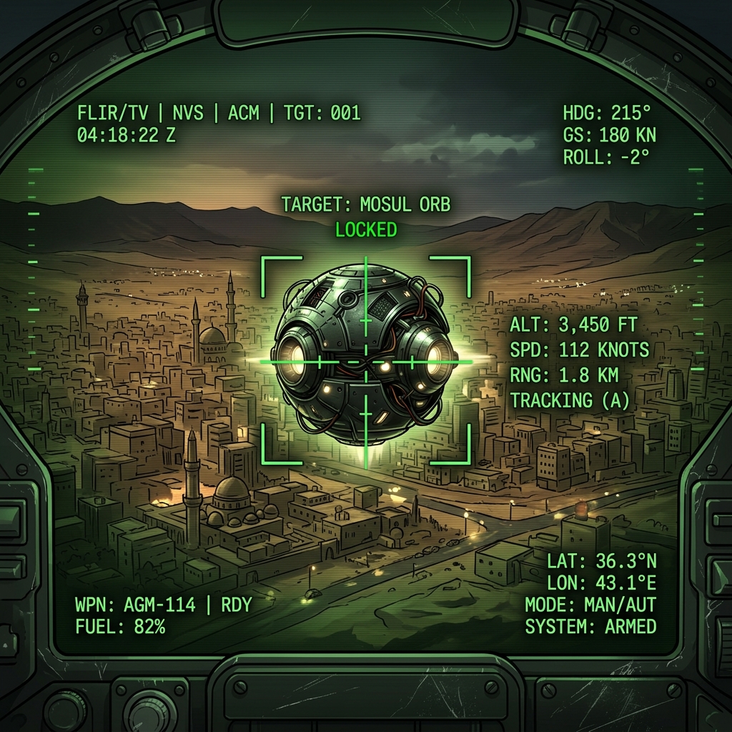  cockpit 载 FLIR 红外视角锁定摩苏尔球体（Mosul Orb）的模拟画面