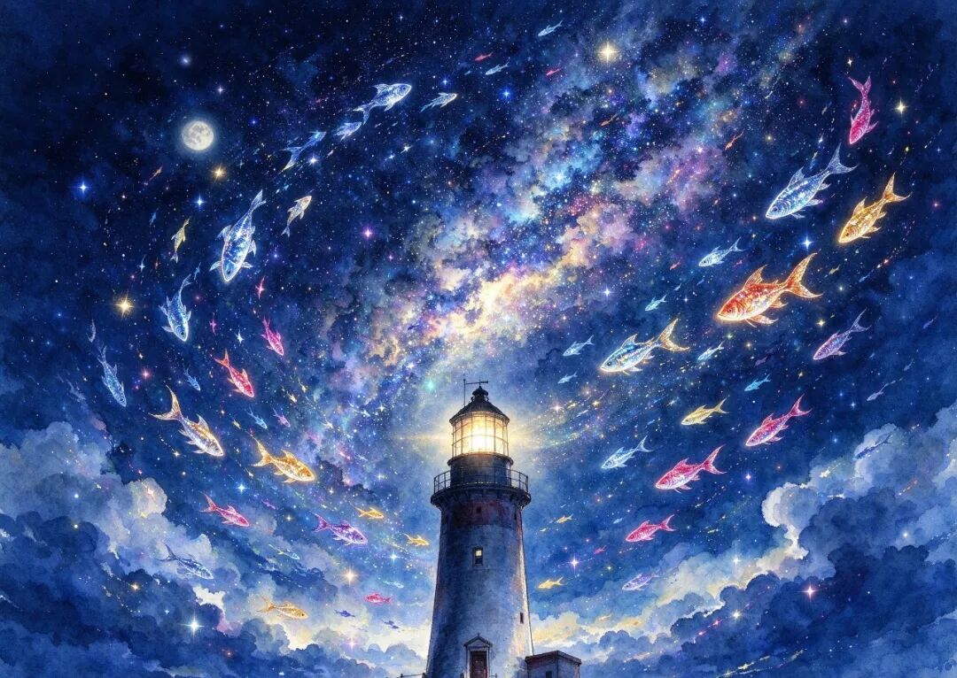 燈塔星空下的魚羣