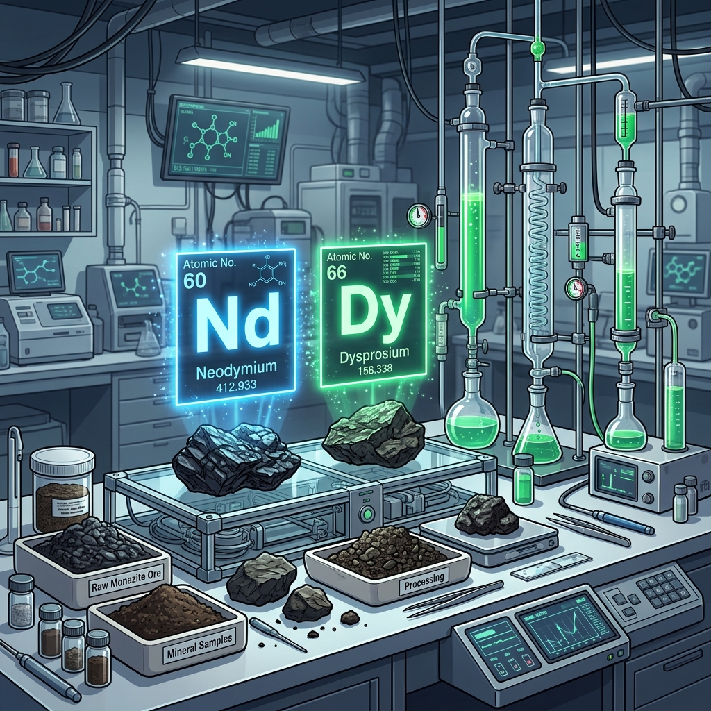 化学实验室里对单质金属钕（Nd）和镝（Dy）进行提纯的科技场景