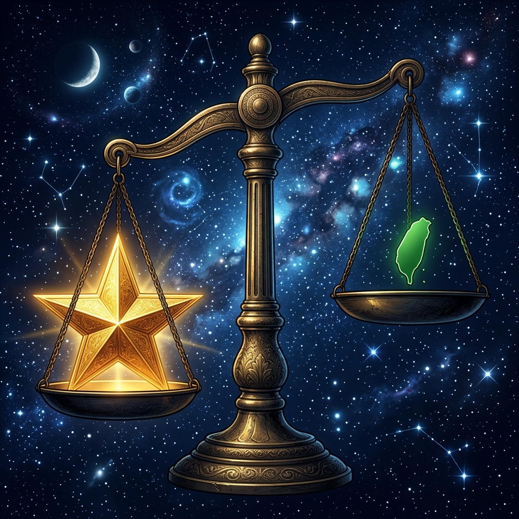 广袤浩瀚的夜空银河背景下一座巨大精美的青铜天平左侧金光璀璨的五角星压倒了右侧散发微弱绿光的台湾岛轮廓