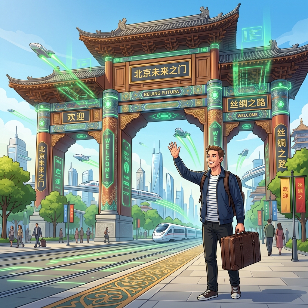 手持行李的外国小伙微笑着站在现代发光全息绿色北京未来之门牌楼前